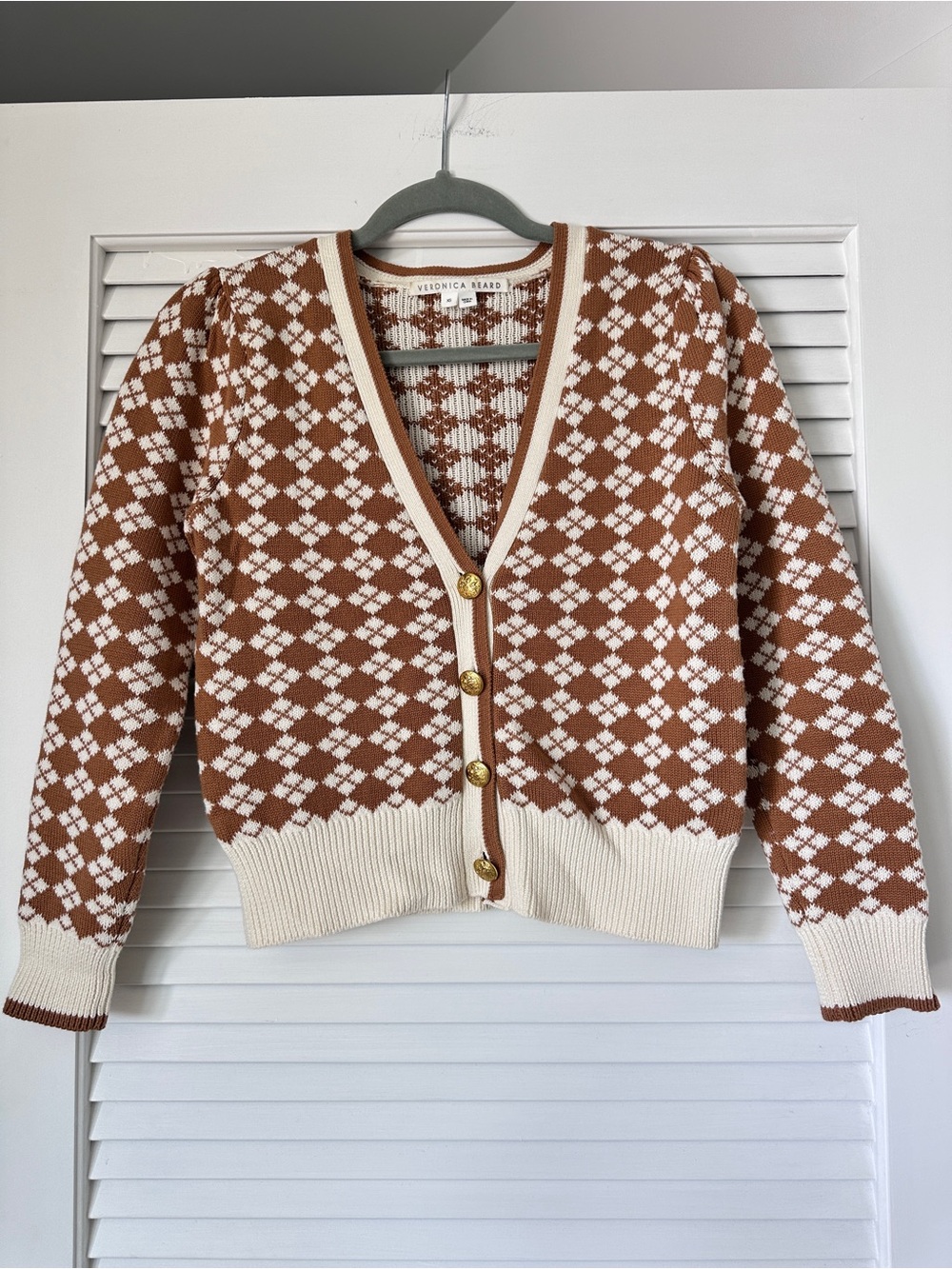 Veronica Beard Cream and Brown Argyle Knit Cardigan with Gold Buttons size XS